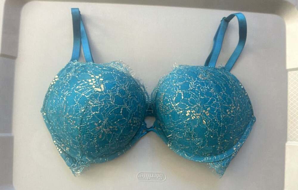 Victoria's Secret Bombshell Push Up Bra Size 34D Teal Gold Foil Lace